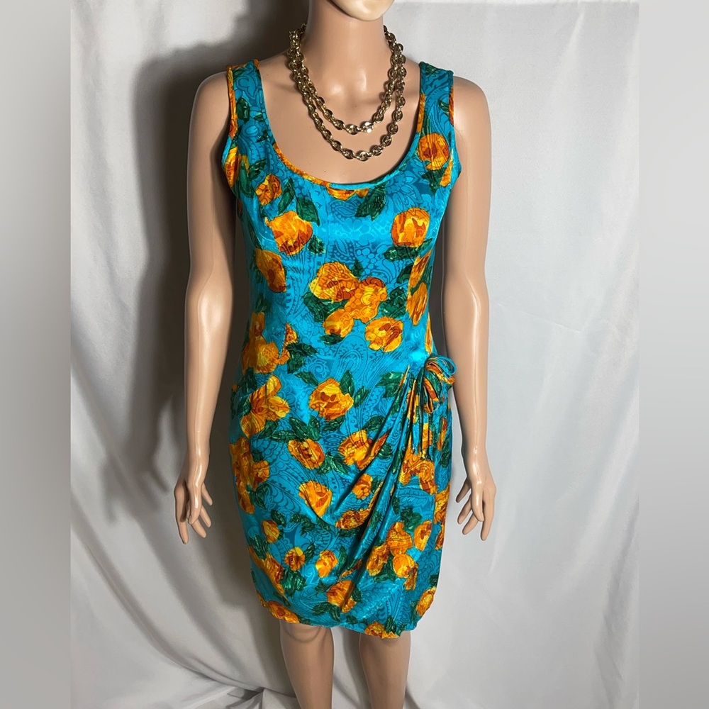 Vintage A.J. Bari Silk Floral Sheath Dress Blue Yellow Scoop Back Sz 4